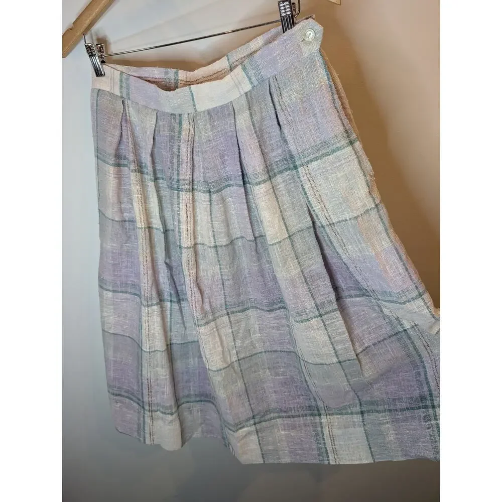 Vintage JCPenney Linen Plaid Pleated Midi Skirt Lavender Green Cream Women Sz 18